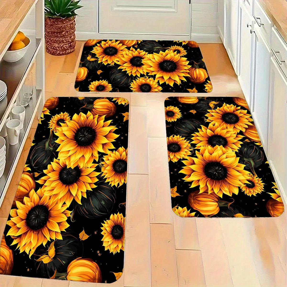 tapis sol moderne fleurs tournesol noir jaune orange vert antidérapant polyesterextérieurintérieur