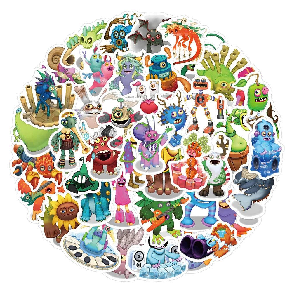 stickers multicolores dessins animés monstres robots animaux pack diy adhésifs mignons musique enfants cartoonaux