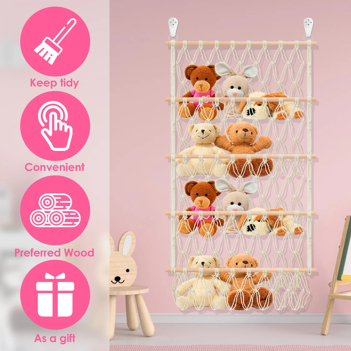 sac rangement jouets blanc fileté moderne clips suspendu chambre playrooméconomise espace