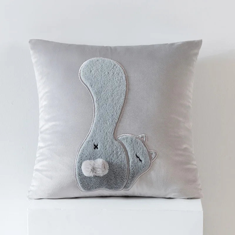 coussin gris clair motif lapin blanc mignon fermeture glissière ultra doux polyester coton jacquard