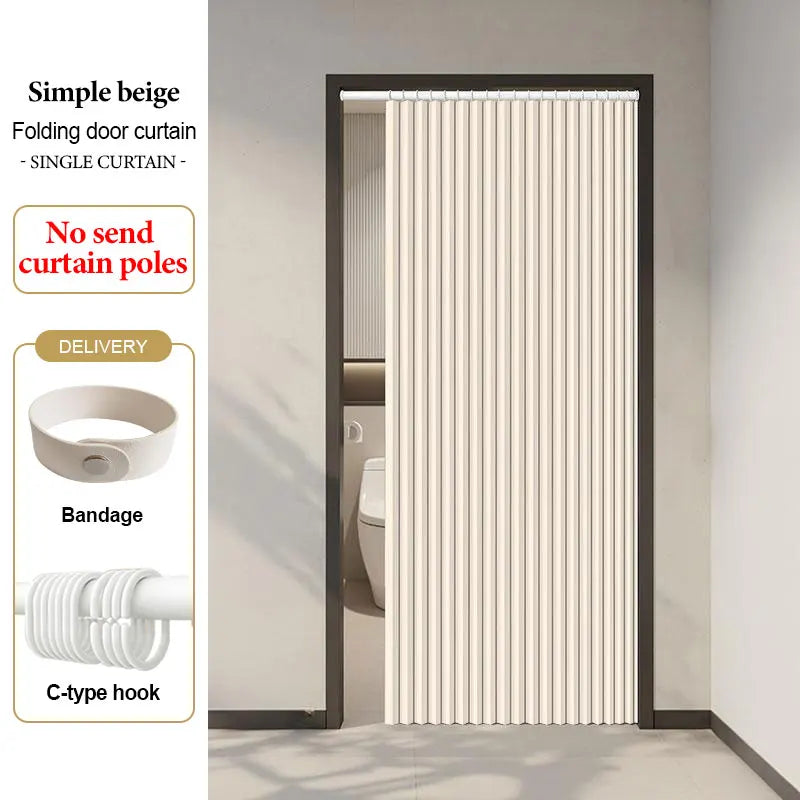 rideau porte pliable rayures verticales beige gris moderne séparation pièce salon intérieur tissu polyester
