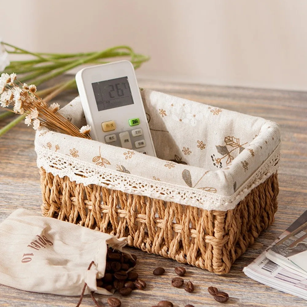 paniers rangement tissés imitation rattan floral beiges rustiques boho chic multifonctionnels stockage