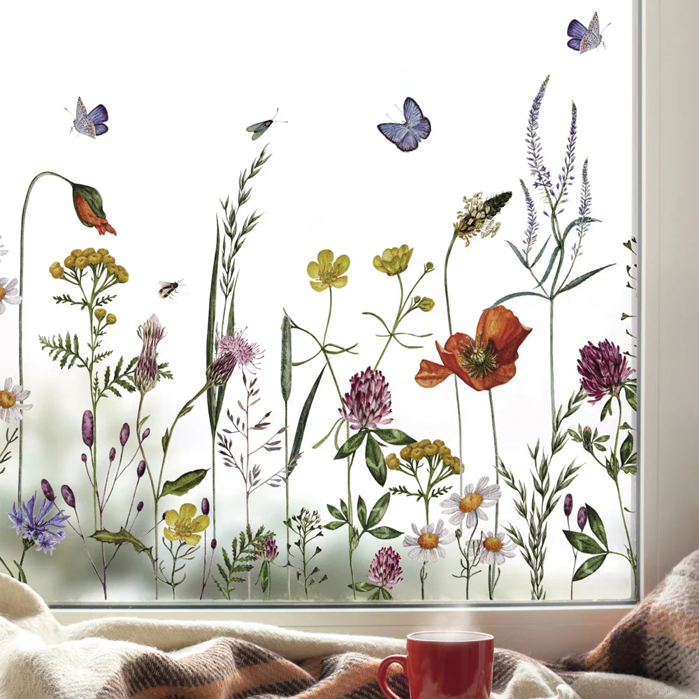 décoration fenêtre autocollante fleurs papillons multicolore naturelle diy facile poser résistante l'eauOpaque 48x80cm