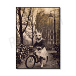 Une femme portant un déguisement de lapin chevauche un vélo dans un parc sombre et boisé, éclairé par un lampadaire.