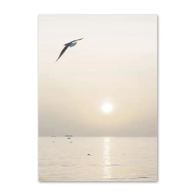 affiches art minimaliste paysages marins plumes feuilles beige blanc gris bleu clair toile opaques