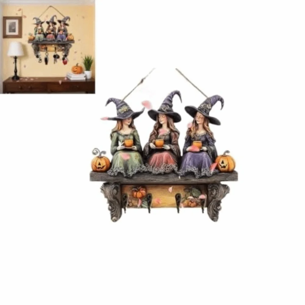 décoration murale halloween étagère sorcières citrouilles motifs floraux vintage crochets métalliques multicolore festive rustic