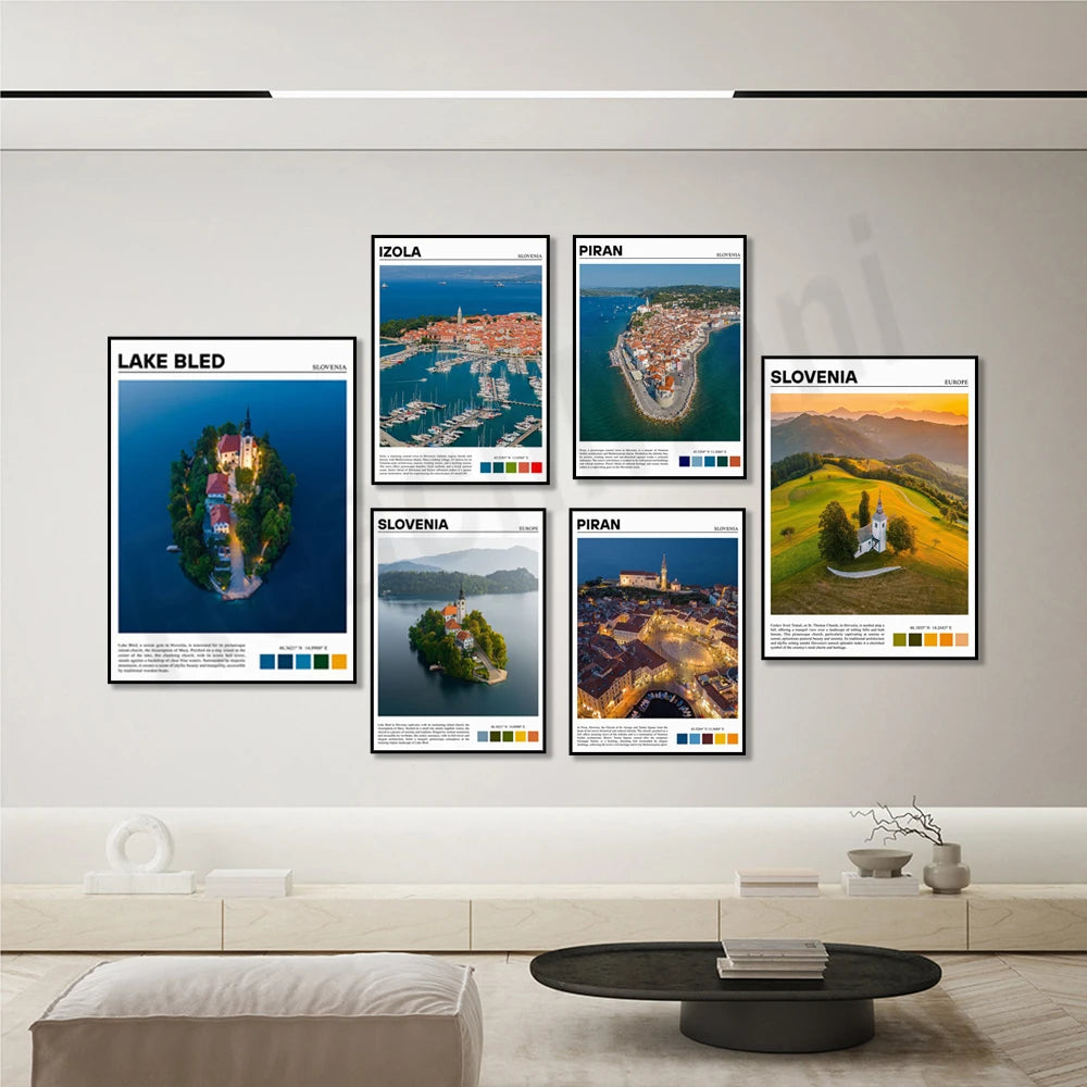 Une collection d'affiches vintage présentant des paysages remarquables de Slovénie, y compris le lac Bled, la ville d'Izola et la ville de Piran, avec des détails sur ces destinations touristiques.