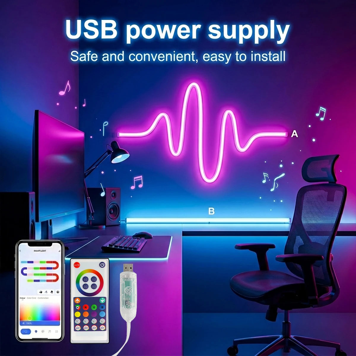ruban led néon multicolore 2m 3m 5m 10m étanche flexible télécommande usb moderne clips