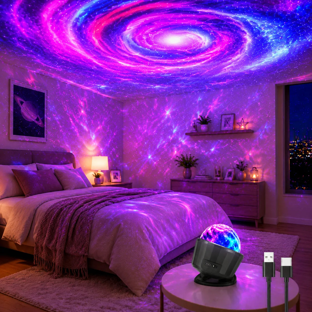 projecteur led galaxie étoiles veilleuse chambre noir violet bleu rose blanc moderne minimaliste