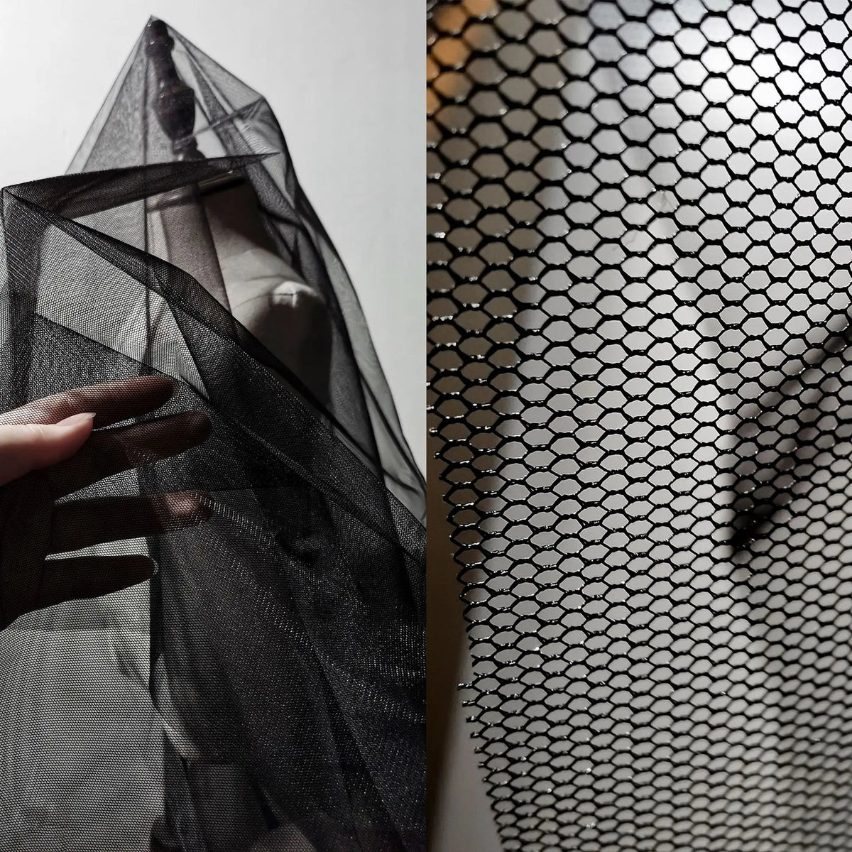tissu maille hexagonale polyester transparent noir blanc bricolage décoration fond scène respectueux environnement minimaliste