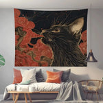 tapisserie murale contemporaine chat noir nuages stylisés salon chambre polyester machine lavable