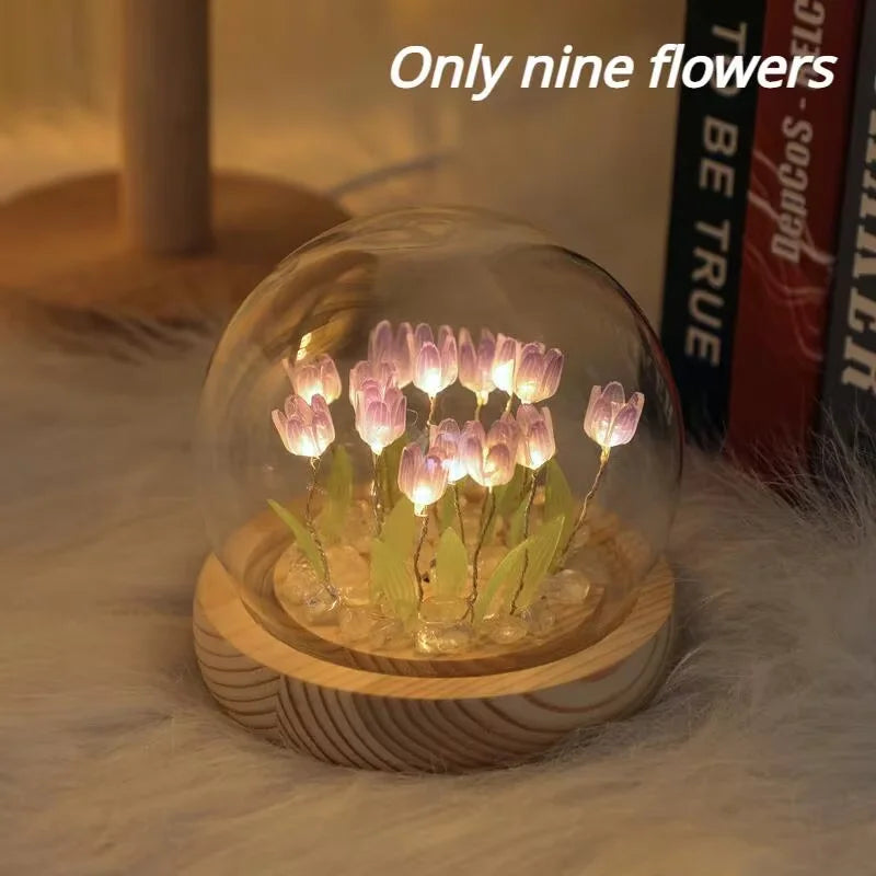 tulipe fleur lampe deco diy verre bois leds couleurs transparentes nuit chambre