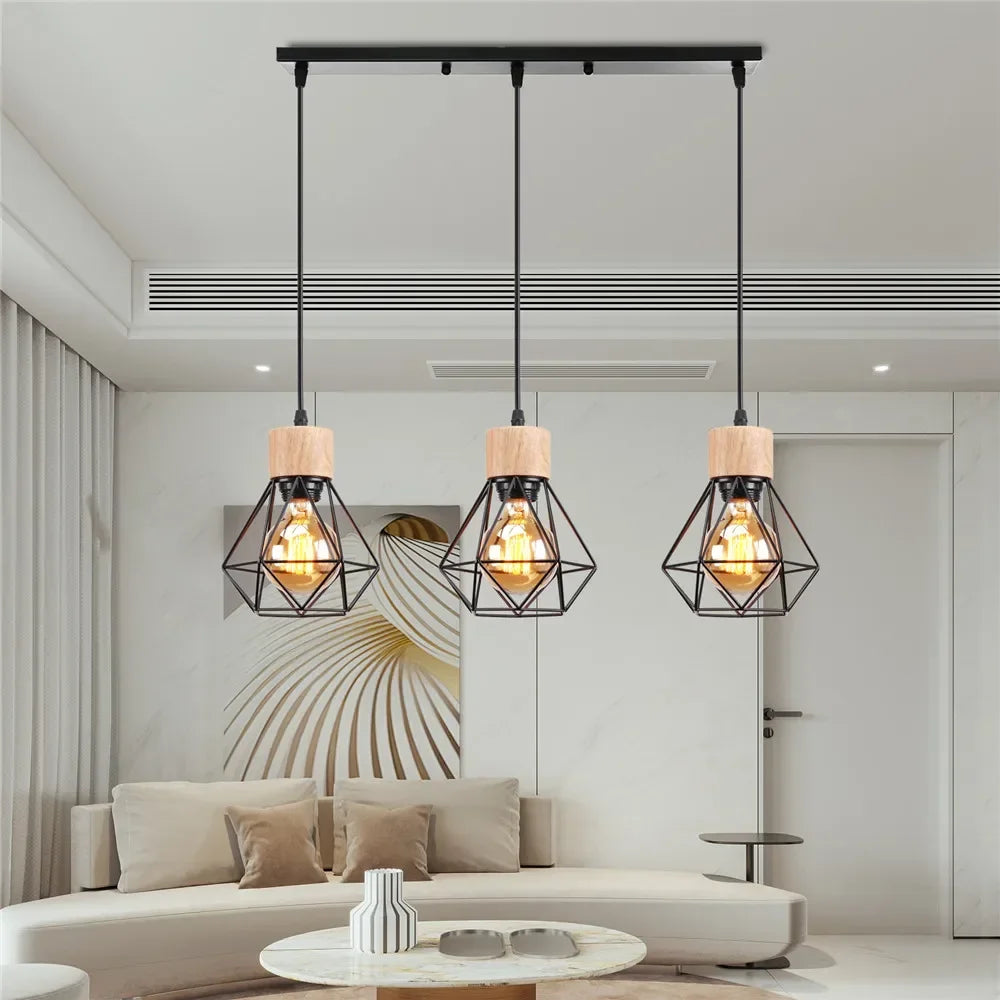 suspension lumineuse industrielle cage métal finition bois naturel ampoule filament noir moderne