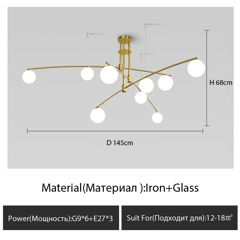 luminaire suspension moderne sphères translucides structure métallique dorée éclairage salon salle manger chambre