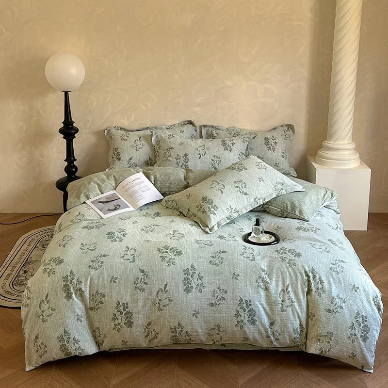 ensemble literie coton lin bleu gris motifs floraux drap plat taies oreillers vintage douillet