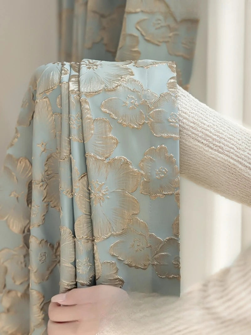 rideau classique bleu clair fleurs dorées occultant polyester chambre salon maison luxe épais épais