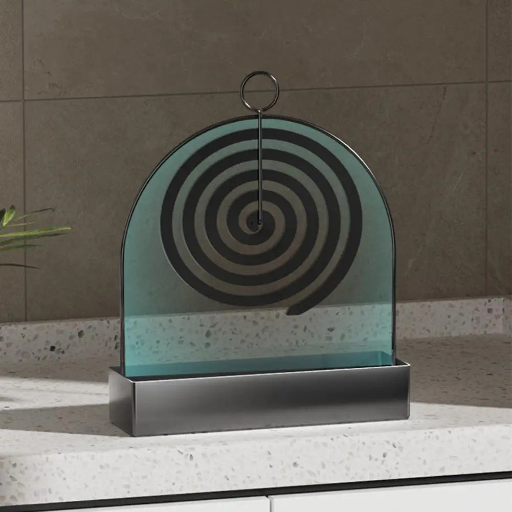 porte spirale anti moustiques brûleur encens moderne minimaliste verre translucide anneaux métal noir argenté