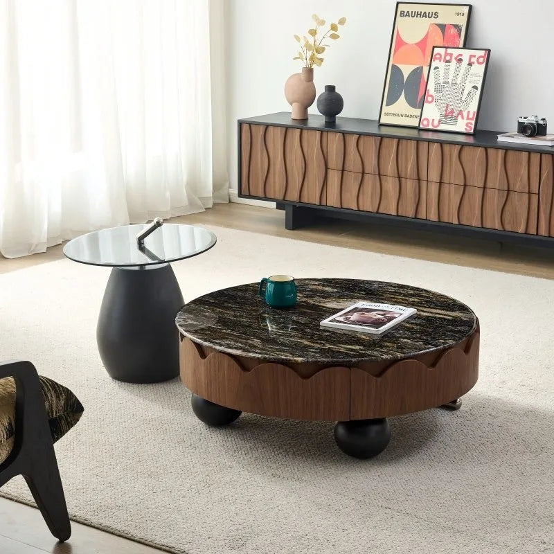 table basse ronde bois marbrée pieds sphériques tiroir moderne minimaliste salon