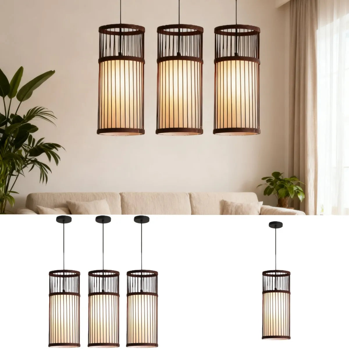 suspension lumineuse bambou rayures horizontales moderne oriental marron clair beige
