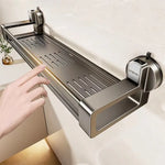 étagère salle bain argentée suction cup moderne minimaliste rangement bouteilles cosmétiques serviettes accessoires