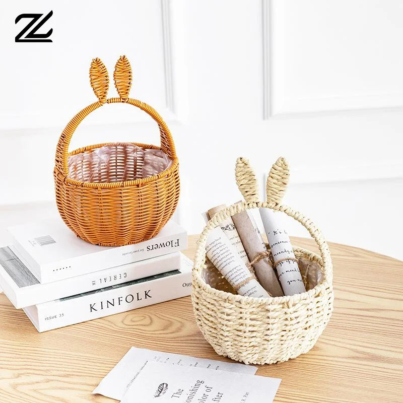 panier tressé marron clair oreilles lapin rustique décoration intérieure fruits cosmétiques