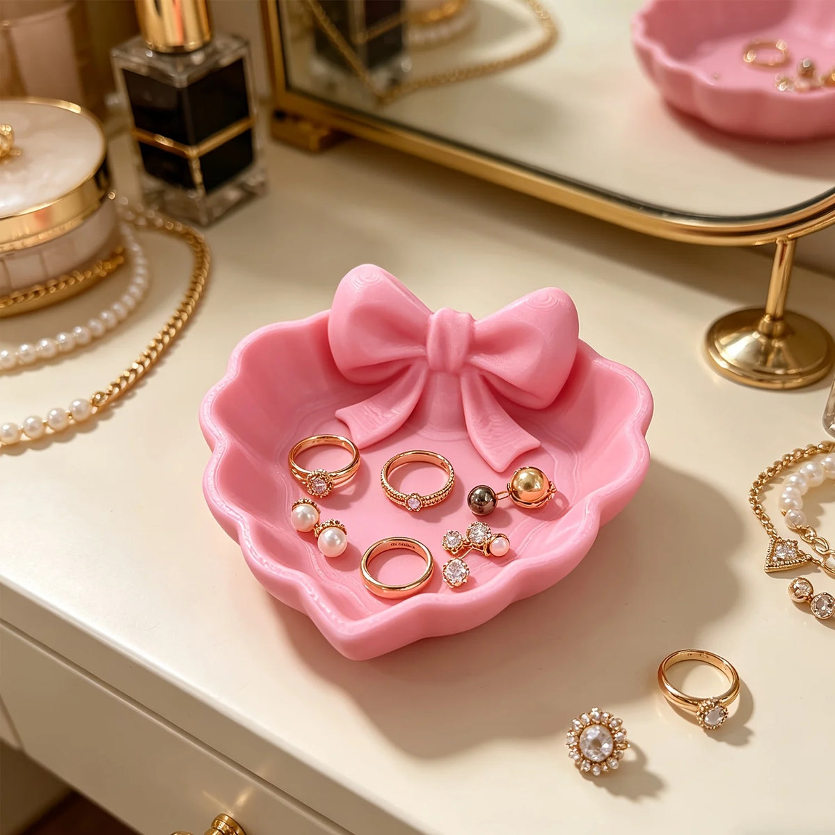 plateau bijoux forme fleur rose nœud central relief surface lisse décoration féminine mignonne anneaux