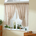 rideau polyester texture lin classique beige clair opacité ruban fixation pompons chambre cuisine
