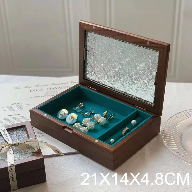 boîte bijoux bois vert vitre opaque motif floral poignée classique porte bijoux