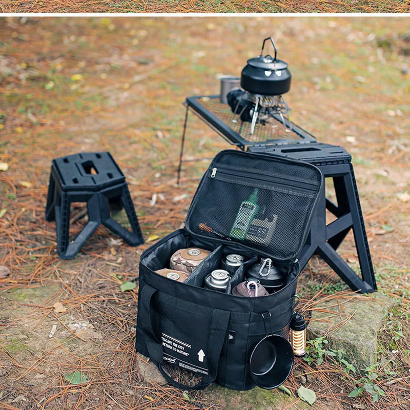 sac rangement camping isotherme noir kaki camouflage ustensiles cuisine bouteilles gaz poêle tasse lampe