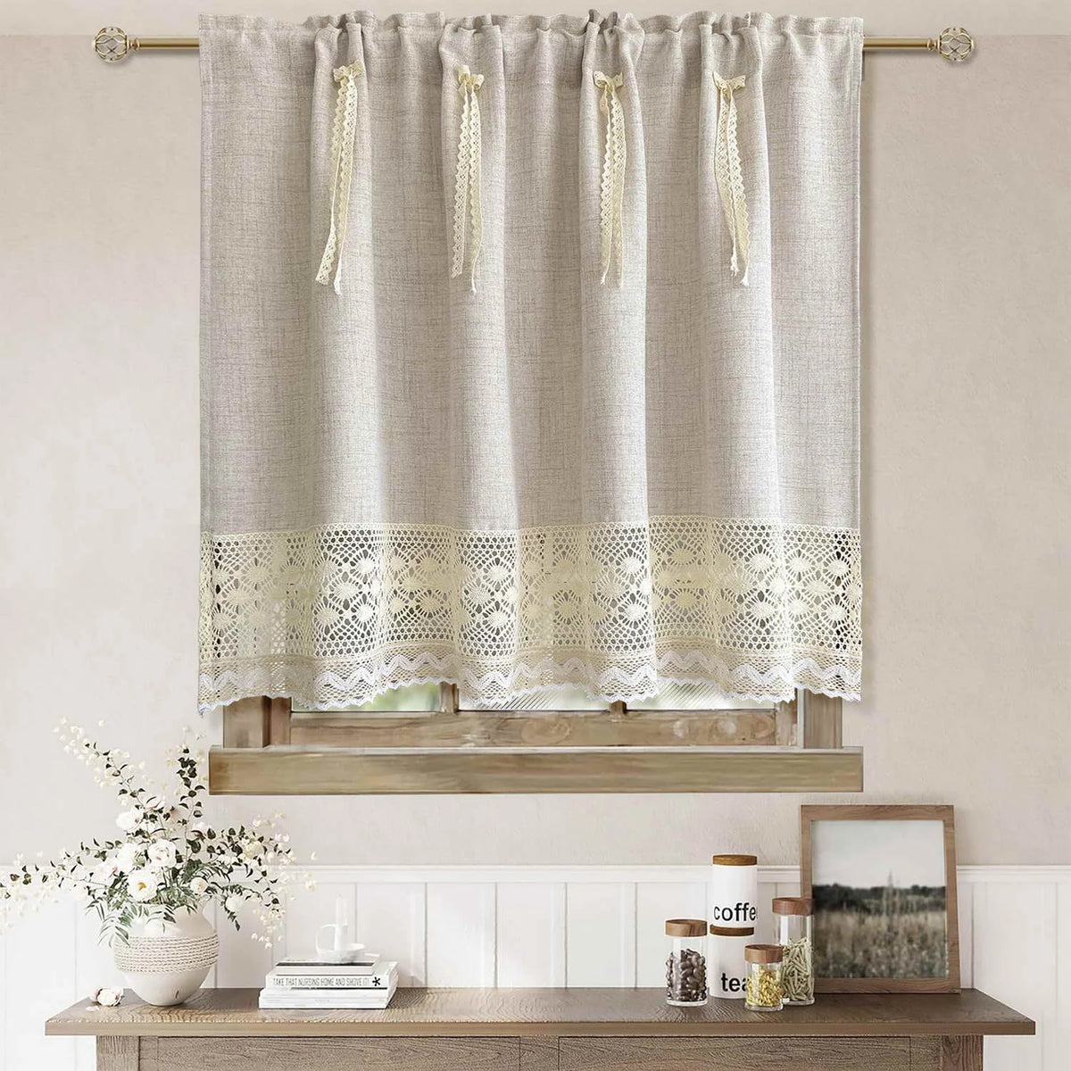 rideau polyester opacité beige clair texture lin bordure dentelle classique rustique