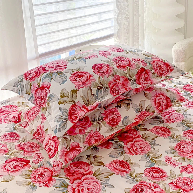 ensemble deux taies d'oreiller bleu fleurs blanches romantique lit double coton polyester