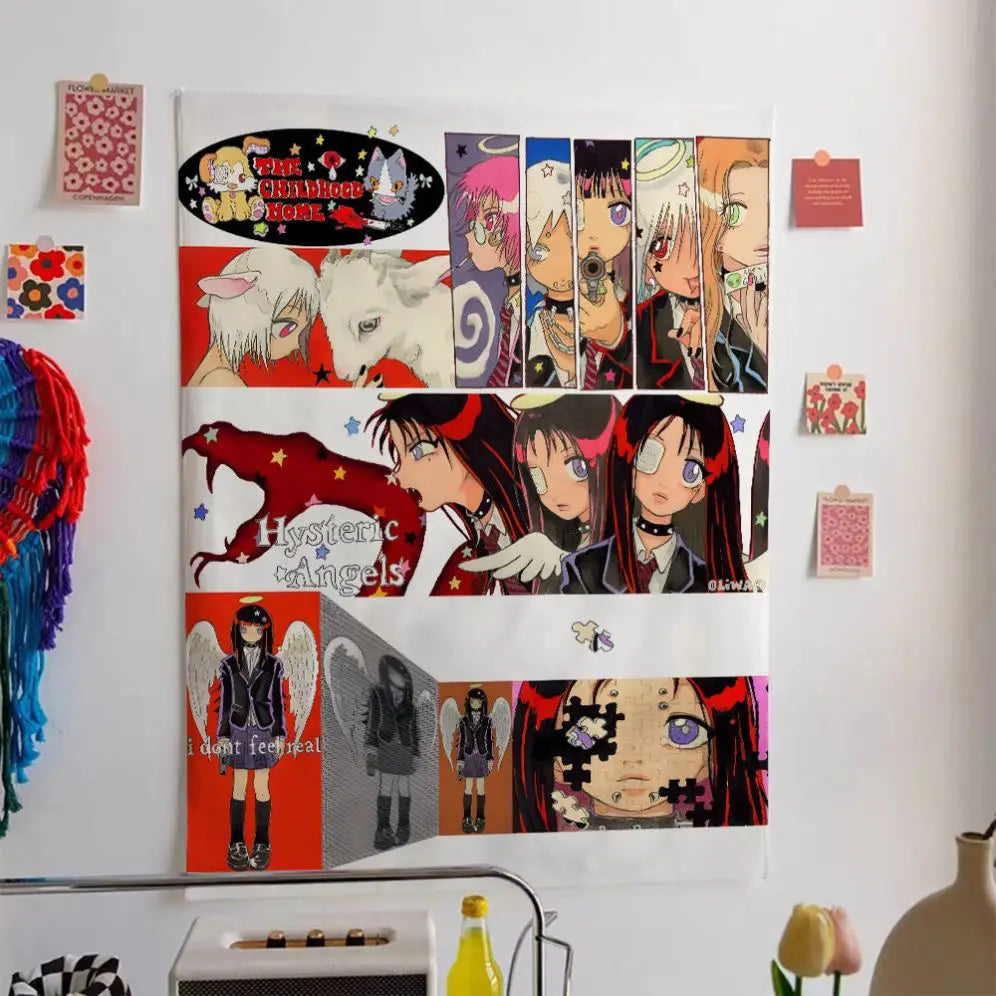 poster mural multicolore illustration animée personnages stylisés motifs floraux opacité adhésif contemporain décoration chambre