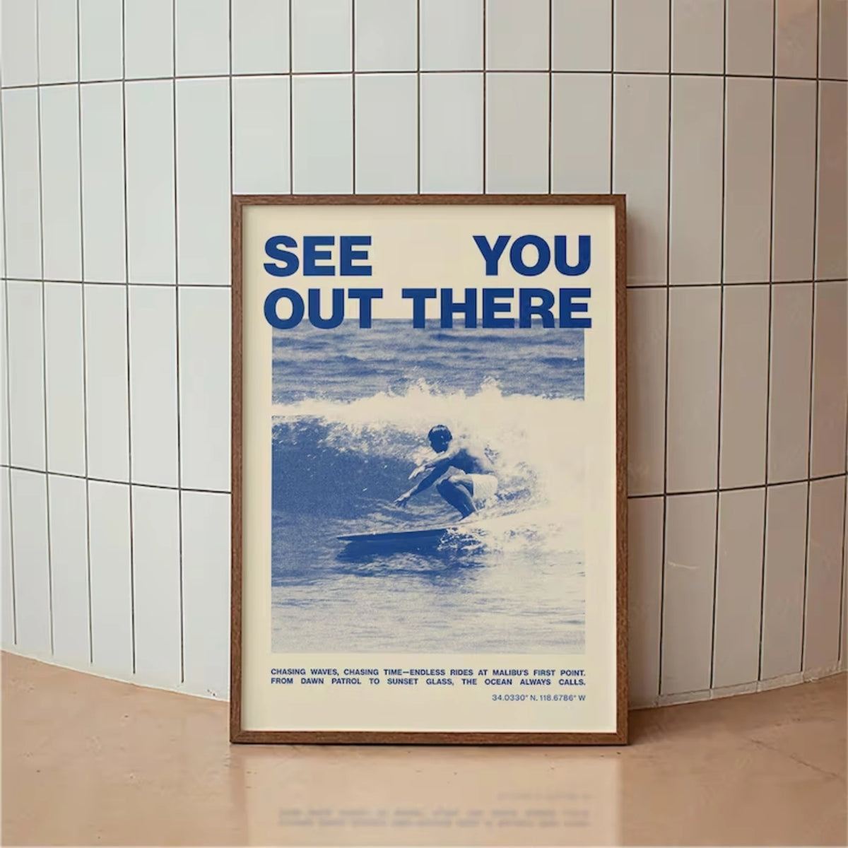 affiche surf vintage surfeur vague bleu blanc cadre mural décoration chambre salon