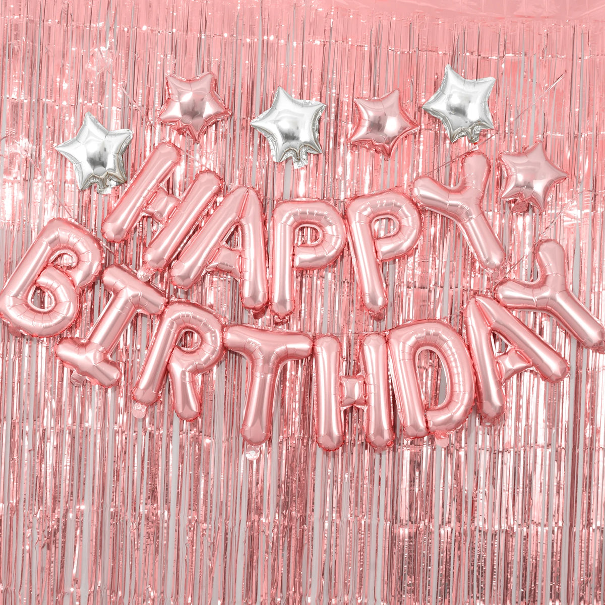 rideau festif pailleté franges rose gold noir violet rouge clips blancs HAPPY BIRTHDAY argentées