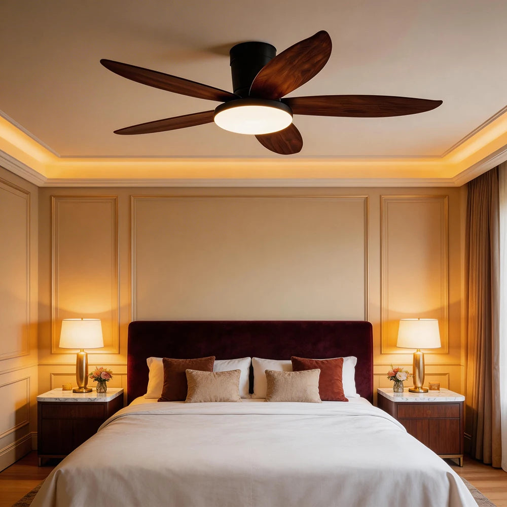 ventilateur moderne noir bois foncé simple silencieux led controle mural traditionnel garantie