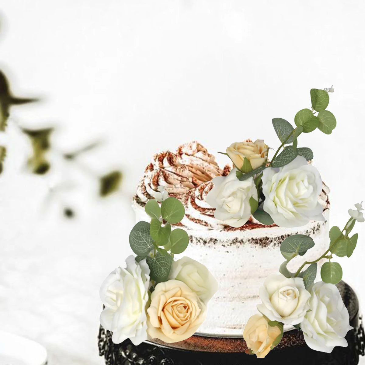 décoration gâteau fleurs roses blanches pêche eucalyptus mariage anniversaire romantique champêtre