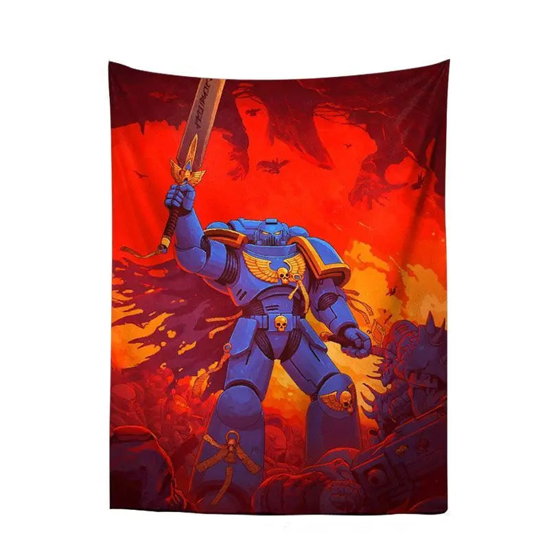 tapisserie murale warhammer 40k personnage armé bleu noir rouge moderne détaillée hand washable digital