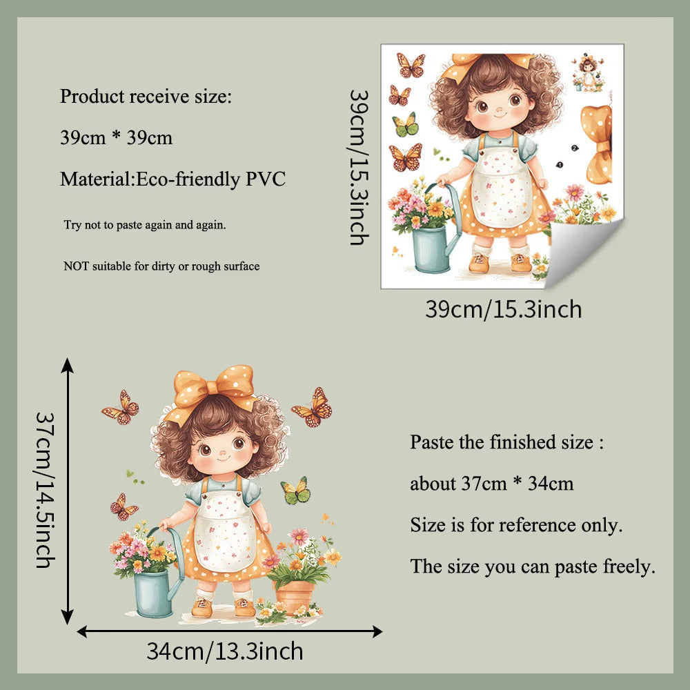 sticker mural dessin animé petite fille fleurs papillons multicolore adhésif résistant eau chambre enfant