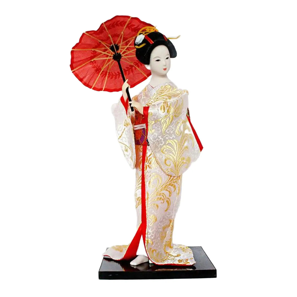 poupée japonaise geisha argile broderie florale motifs géométriques accessoires traditionnels blanc rouge vert bleu