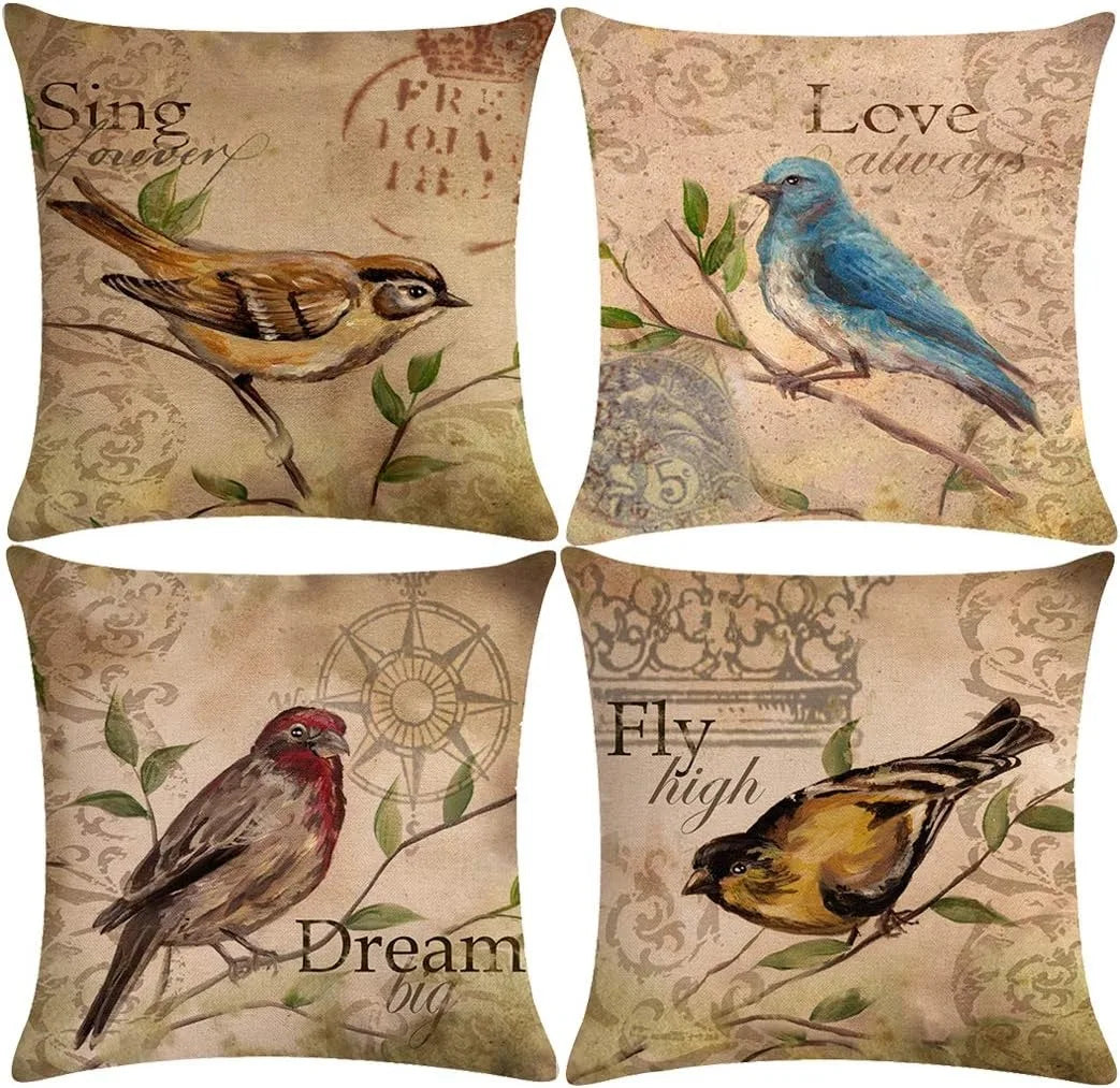 housse coussin polyester motif oiseaux feuilles vintage bleu blanc décorative chambre salon voiture