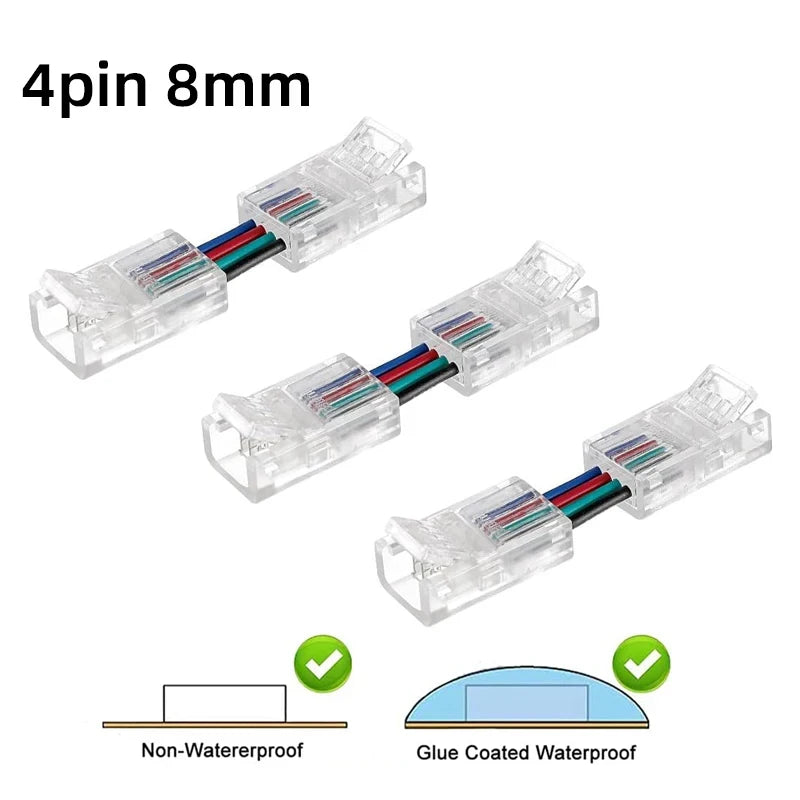 connecteurs led transparents broches dorées clips modernes 24v basse tension câbles colorés rouge vert