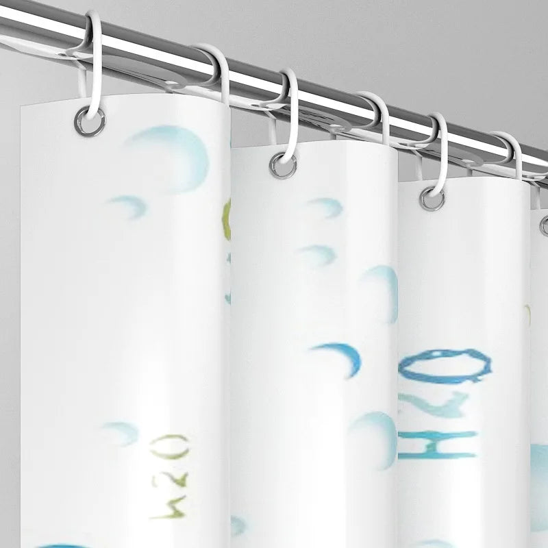rideau douche moderne blanc bleu vert jaune motifs h2o bulles savon pvc opaques anneaux