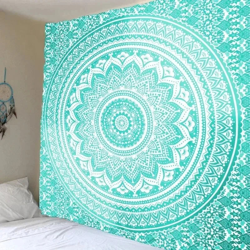 tapisserie mandala bohème verte blanche motif floral décoration murale chambre salon portable camping