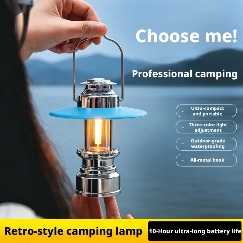 lampe camping portable rechargeable bleu retro abatjour translucide argentéextérieur ambiance effet flamme