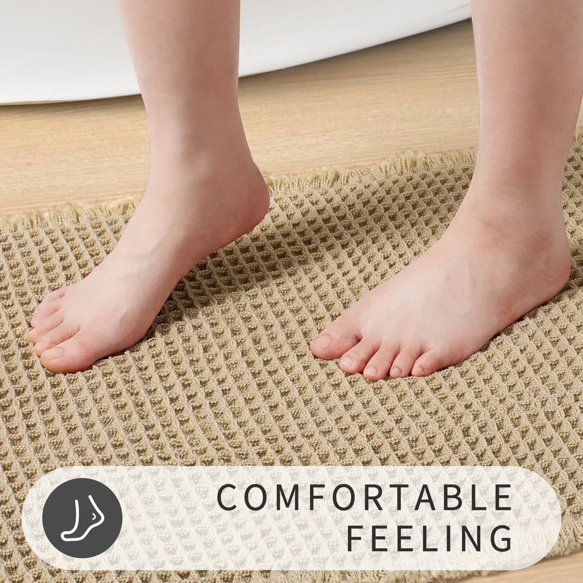 tapis bain moderne beige clair maille fine antidérapant absorbant eau sèche rapide bordure frisée