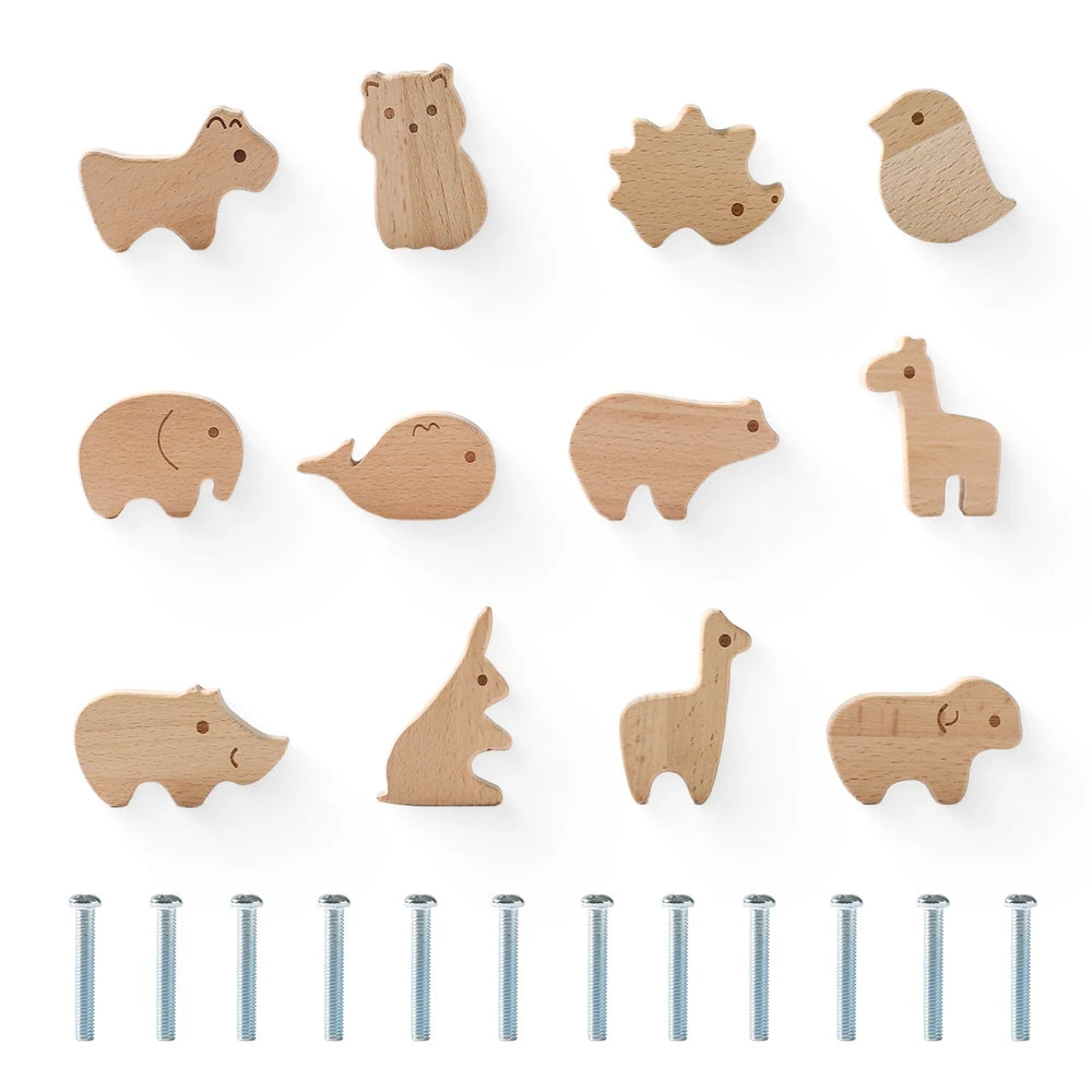 boutons tiroir animaux motifs modernes cartoon vis fixés blanc beige marron gris rose bleu