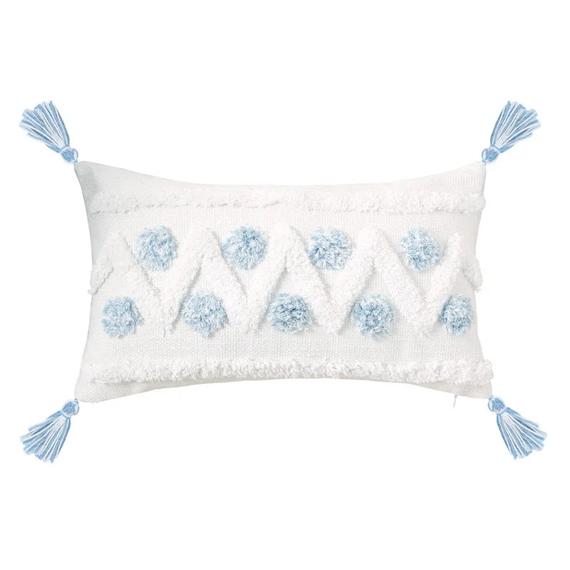 coussin decoratif bleu blanc motif geometrique moderne boho chic amovible lavable tassel adhésif coton