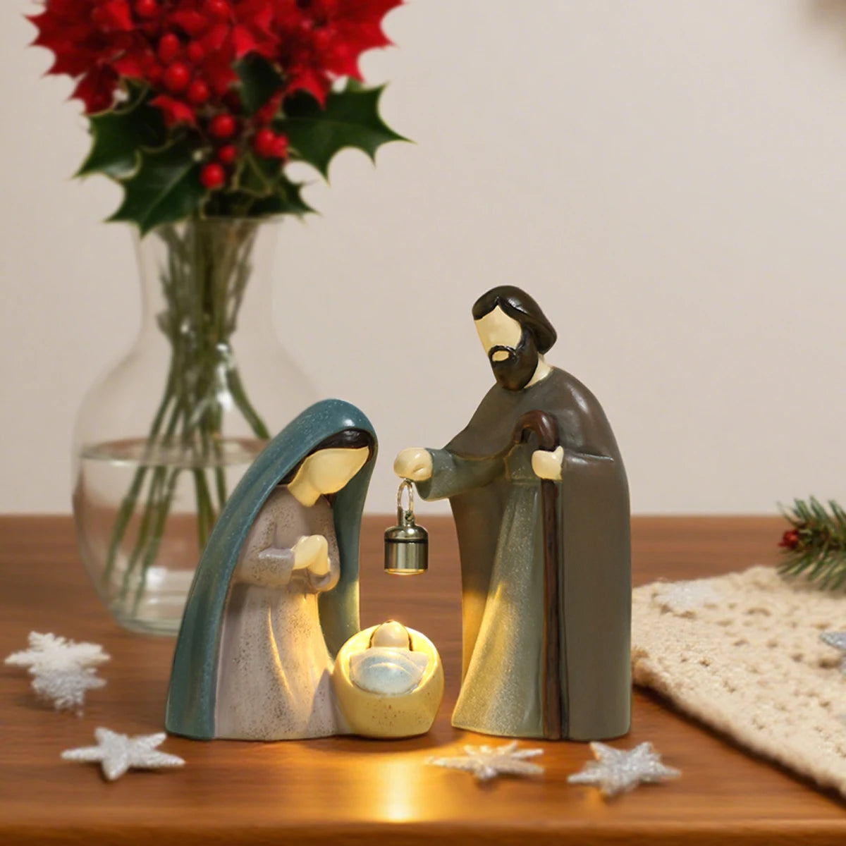 statue crèche noël bébé résine bleu gris classique lampe led intégrée occasion chrétienne