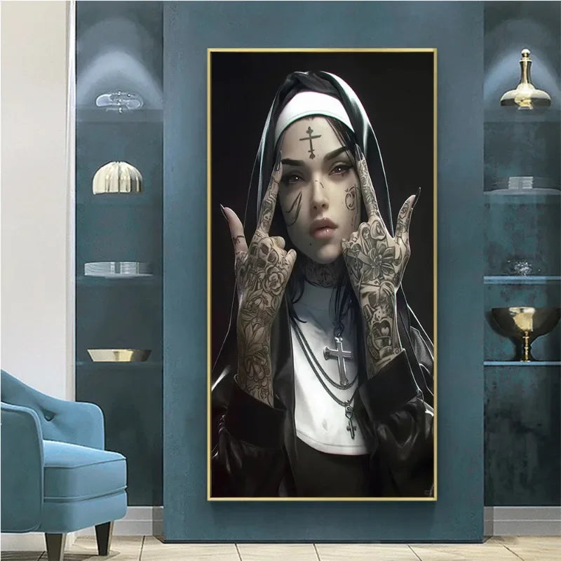 tableau toile tattoo nonne croix halo lumineux contemporain or noir rouge gris İslamistique erotique