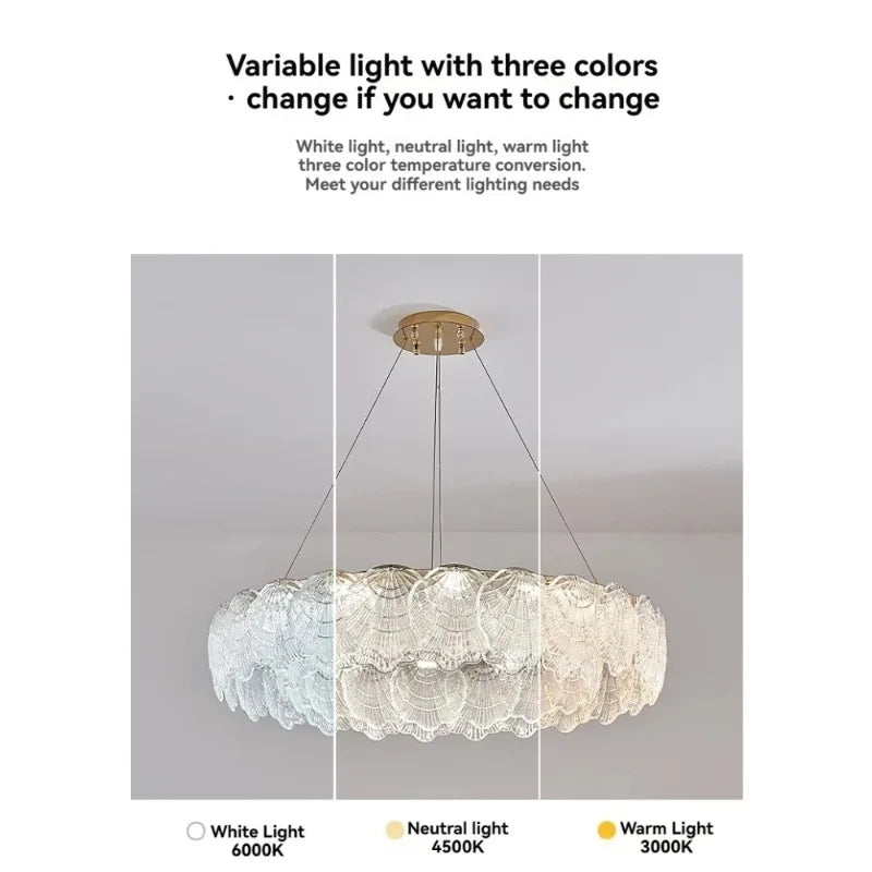 lampe suspendue moderne blanc doré coquillage translucide élégante anneaux métalliques lumière led chambre salon